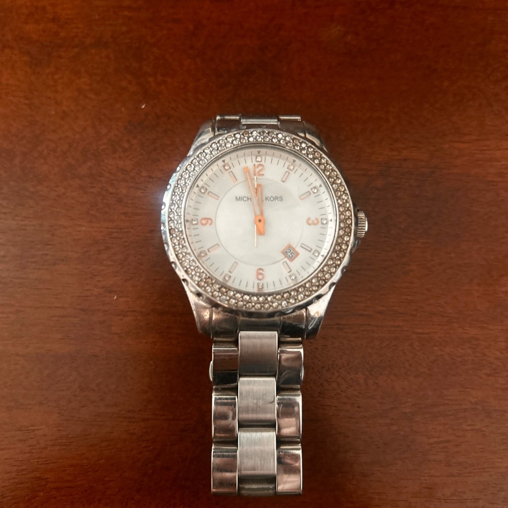 Michael Kors Silver Watch with White and Rose Gold Accents
